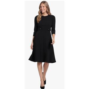 London Times Women's Crepe Fit and Flare Midi with Waist Button Detail